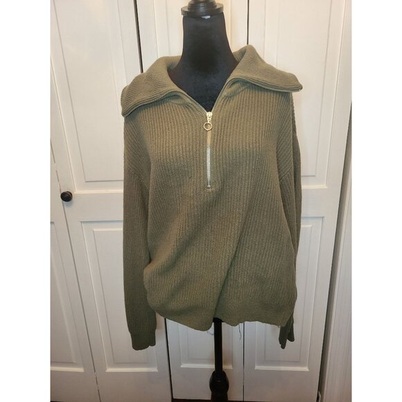Talbots Sweaters - Talbots Olive Green Ribbed Half Zip Sweater Wide Collar M Preppy Minimal Modest